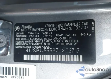 2007 BMW Z4 3.0Si из США, поврежденный, VIN 4USBU53587LX02717